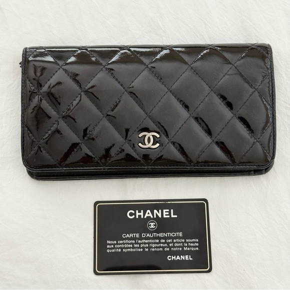 Chanel Quilted Long Wallet Bi Fold Card Holder Silver CC